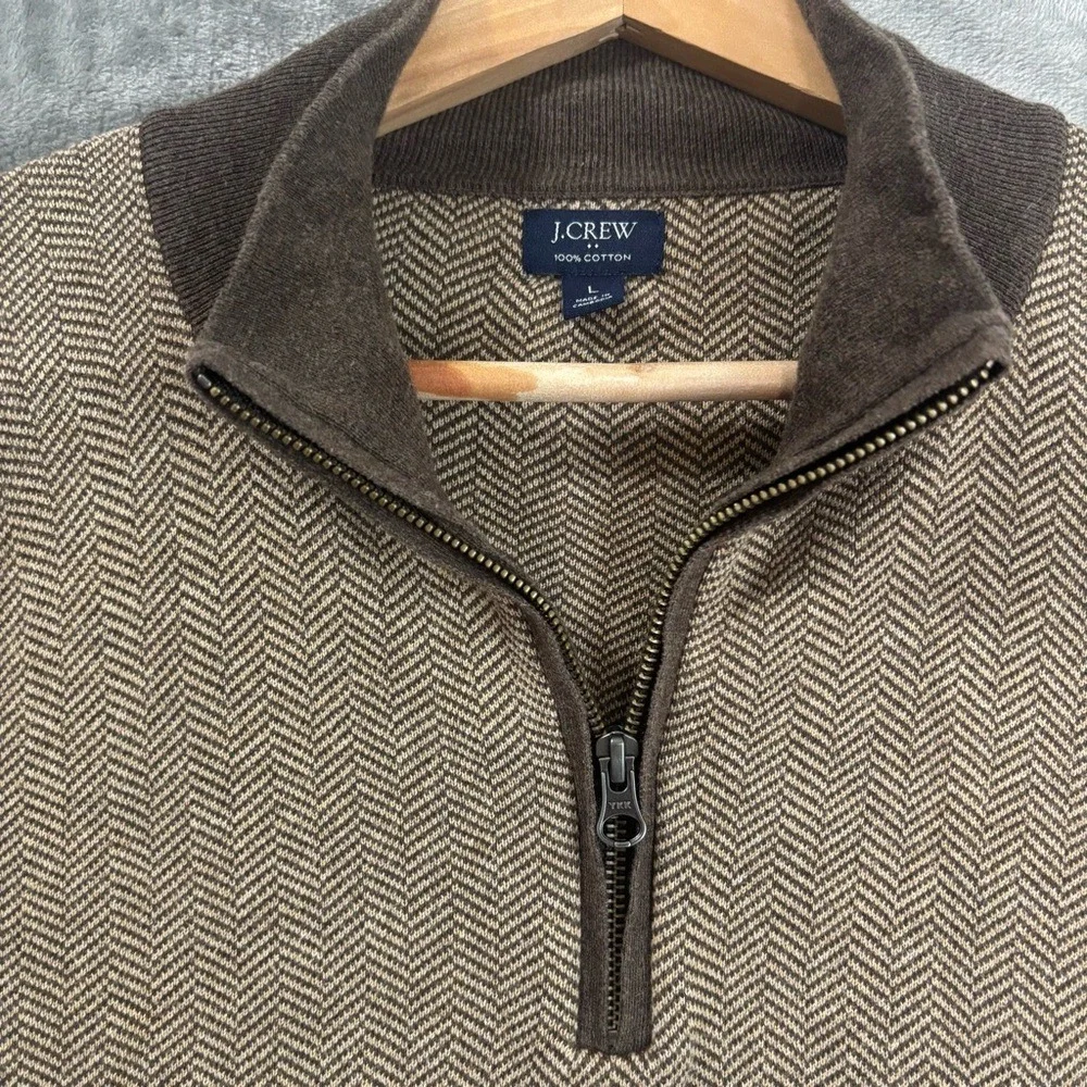 J.Crew Re-Imagined Qtr Zip Sweater Men's L Brown‎ Herringbone Preppy Casual